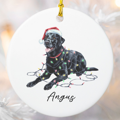 Personalized Black Labrador Christmas Ornament, Ceramic Dog Keepsake, Festive Lights Lab