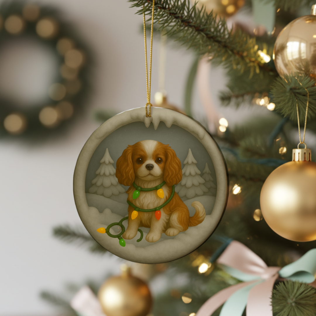 Personalizable Cavalier King Charles Christmas Ornament, Custom Cavie with Holiday Lights Keepsake