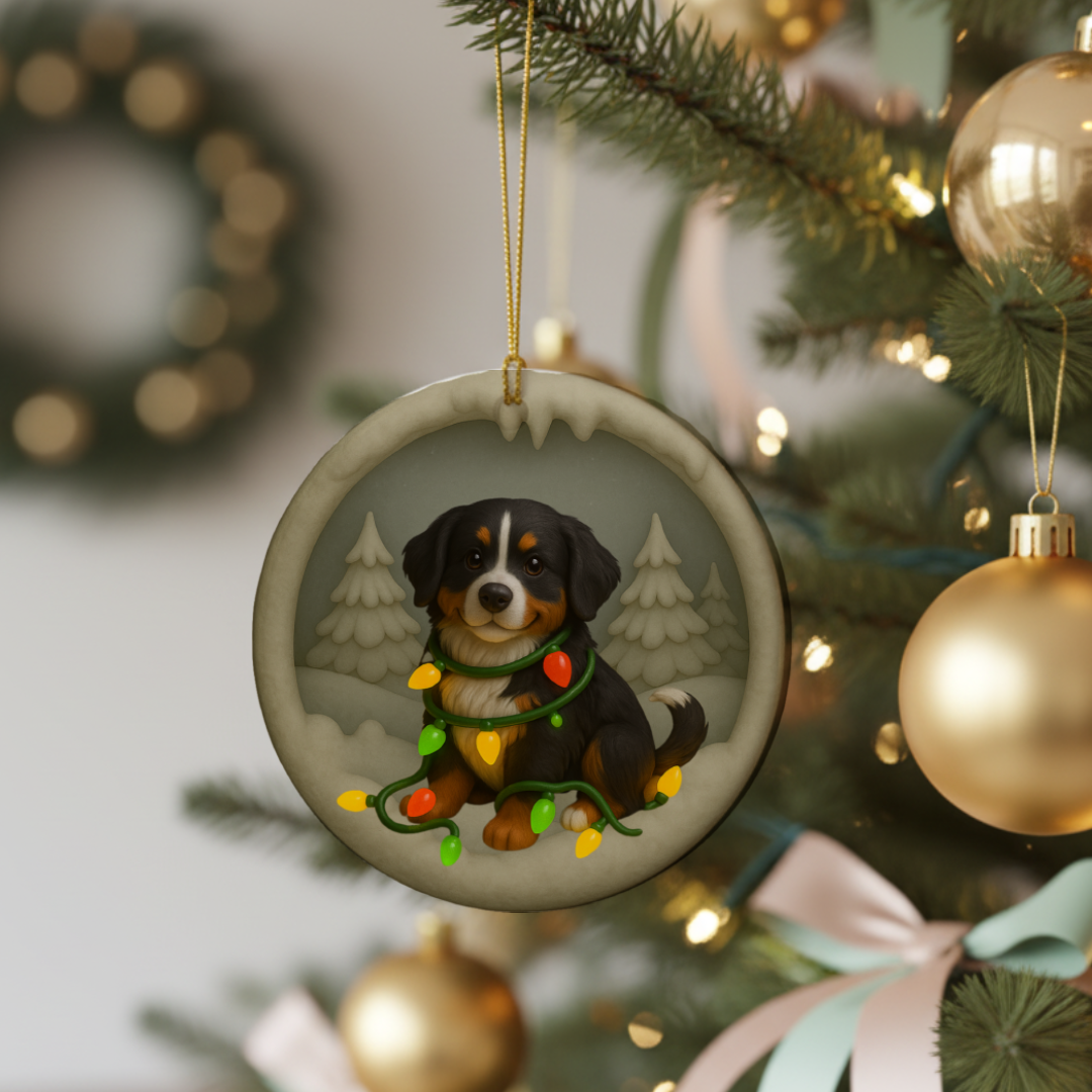Personalized Bernese Mountain Dog Christmas Ornament, Custom Dog with Holiday Lights Keepsake