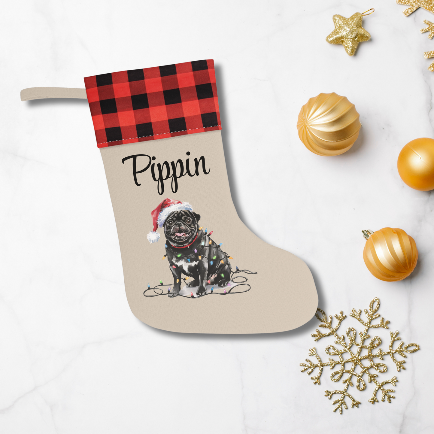 Personalized Black Pug Christmas Stocking, Holiday Decor Gift for Pet Lovers