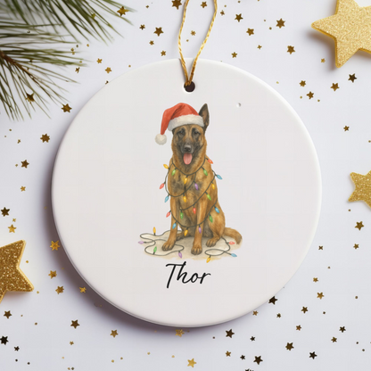 Personalized Belgian Malinois Dog Christmas Ornament, Ceramic Pet Decor, Santa Hat Lights