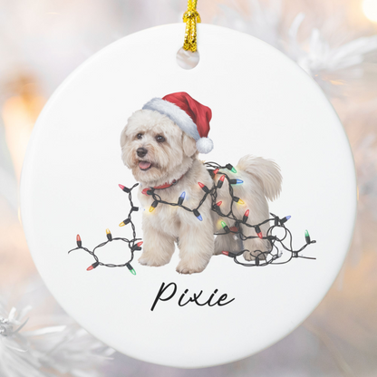 Personalized Bichon Frise Christmas Ornament, Ceramic Dog Santa Hat Lights Decoration