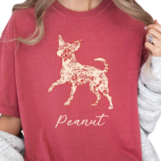 Personalized Chihuahua Silhouette Shirt with Name, Custom Floral Pet T-Shirt Gift for Dog Lovers, Toile Comfort Color Tee, Chinoiserie Shirt