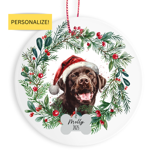 Personalized Chocolate Lab Wreath Ornament