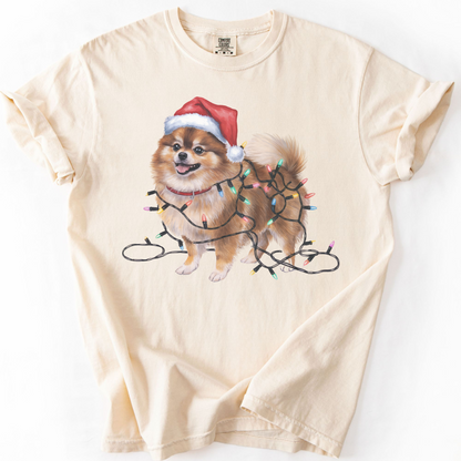 Pomeranian Christmas Lights Shirt, Festive Holiday Tee for Fluffy Dog Lovers