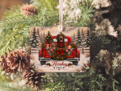 Personalized Chocolate Lab Ornament, Christmas Red Truck, Custom Name and Year