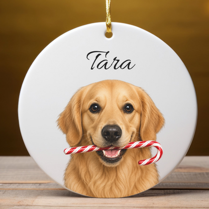 Personalized Golden Retriever Candy Cane Ornament