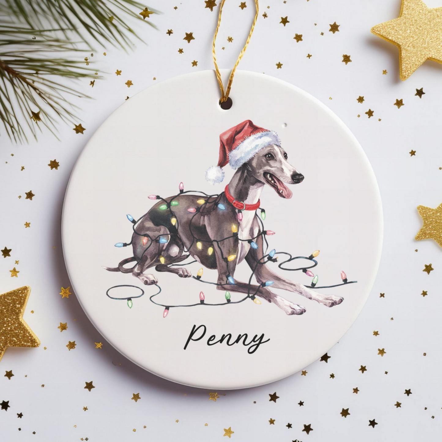 Personalized Greyhound Christmas Ornament, Ceramic Dog Lover Gift, Holiday Pet Keepsake