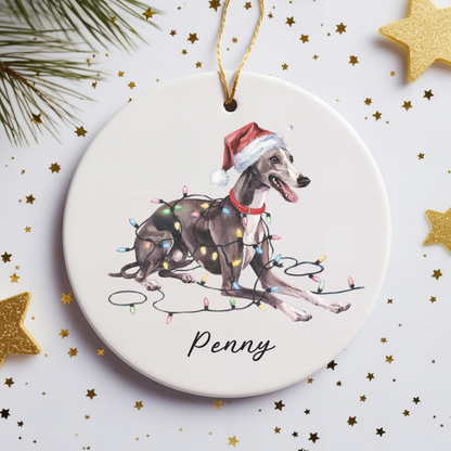 Personalized Greyhound Christmas Ornament, Ceramic Dog Lover Gift, Holiday Pet Keepsake