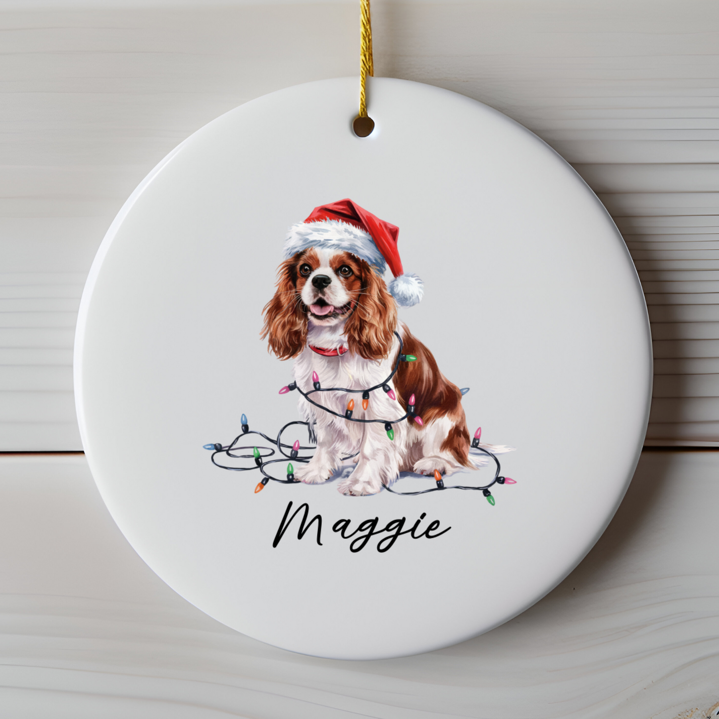 Personalized Blenheim Cavalier King Charles Spaniel Christmas Ornament, Tangled Lights Ceramic Keepsake