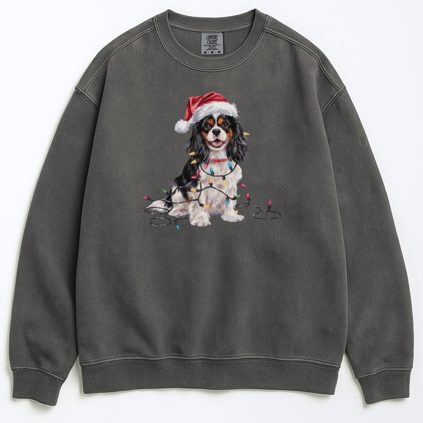 Tri-color Cavalier Christmas Sweatshirt, Holiday Dog Lover Gift, Cozy Festive Apparel, Santa Hat Spaniel, Pet Parent Sweater