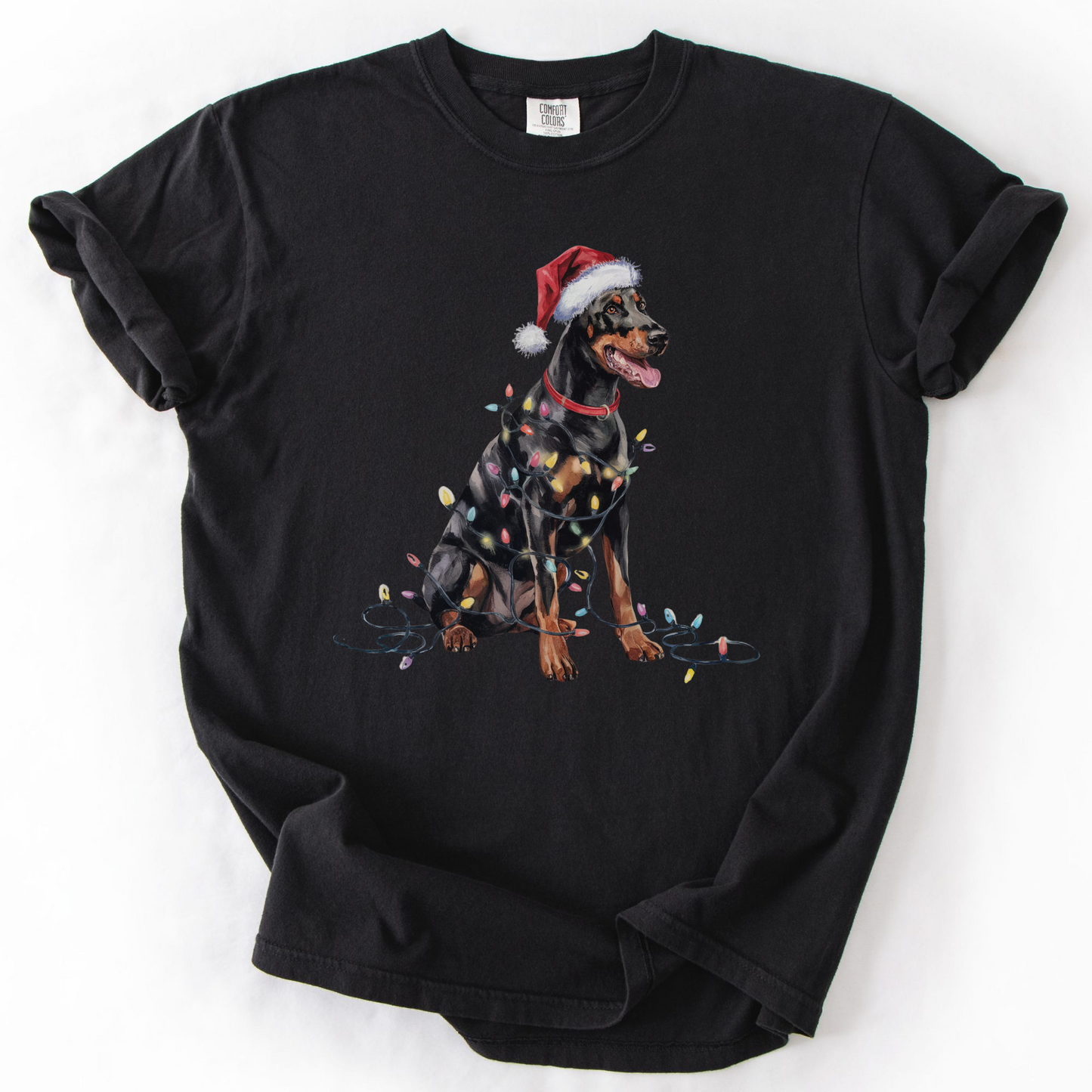 Doberman Pinscher Christmas Lights Shirt, Festive Holiday Tee for Dobie Lovers