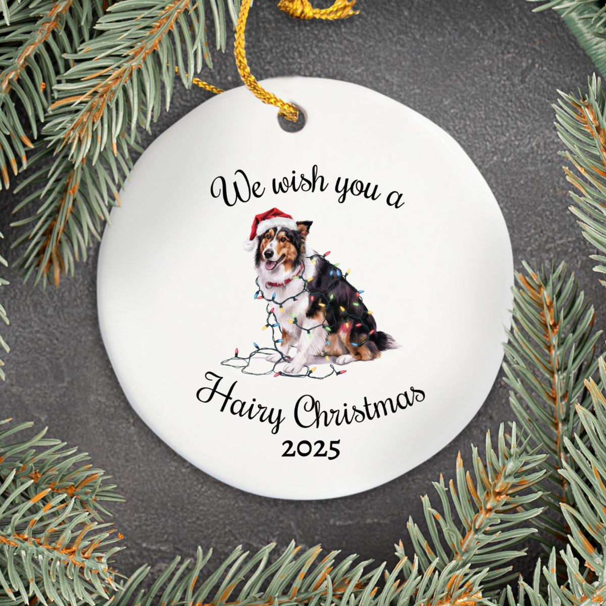 Christmas Collie Ornament, Christmas Lights Dog Keepsake