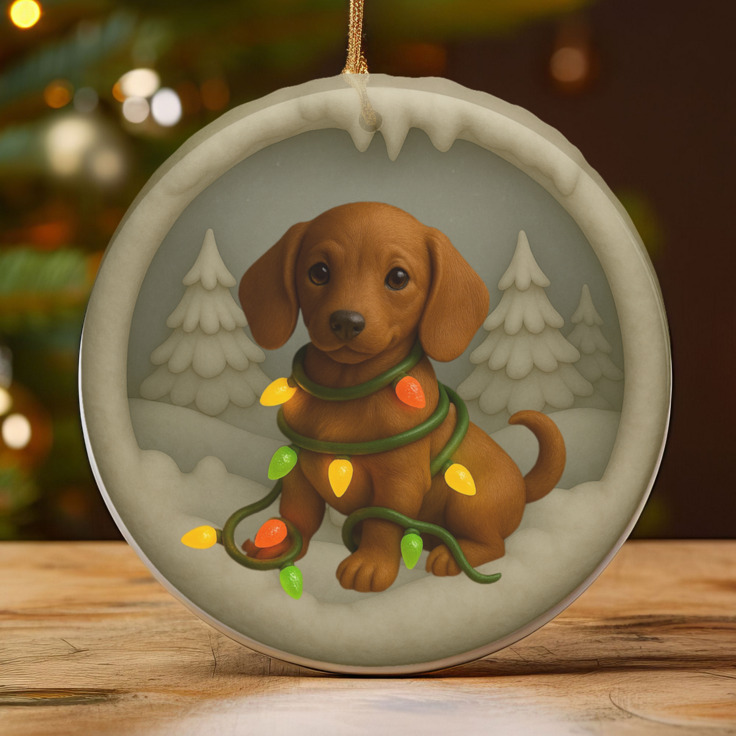 Personalized Red Dachshund Christmas Ornament, 3D Clay-Style Dog Keepsake with Lights