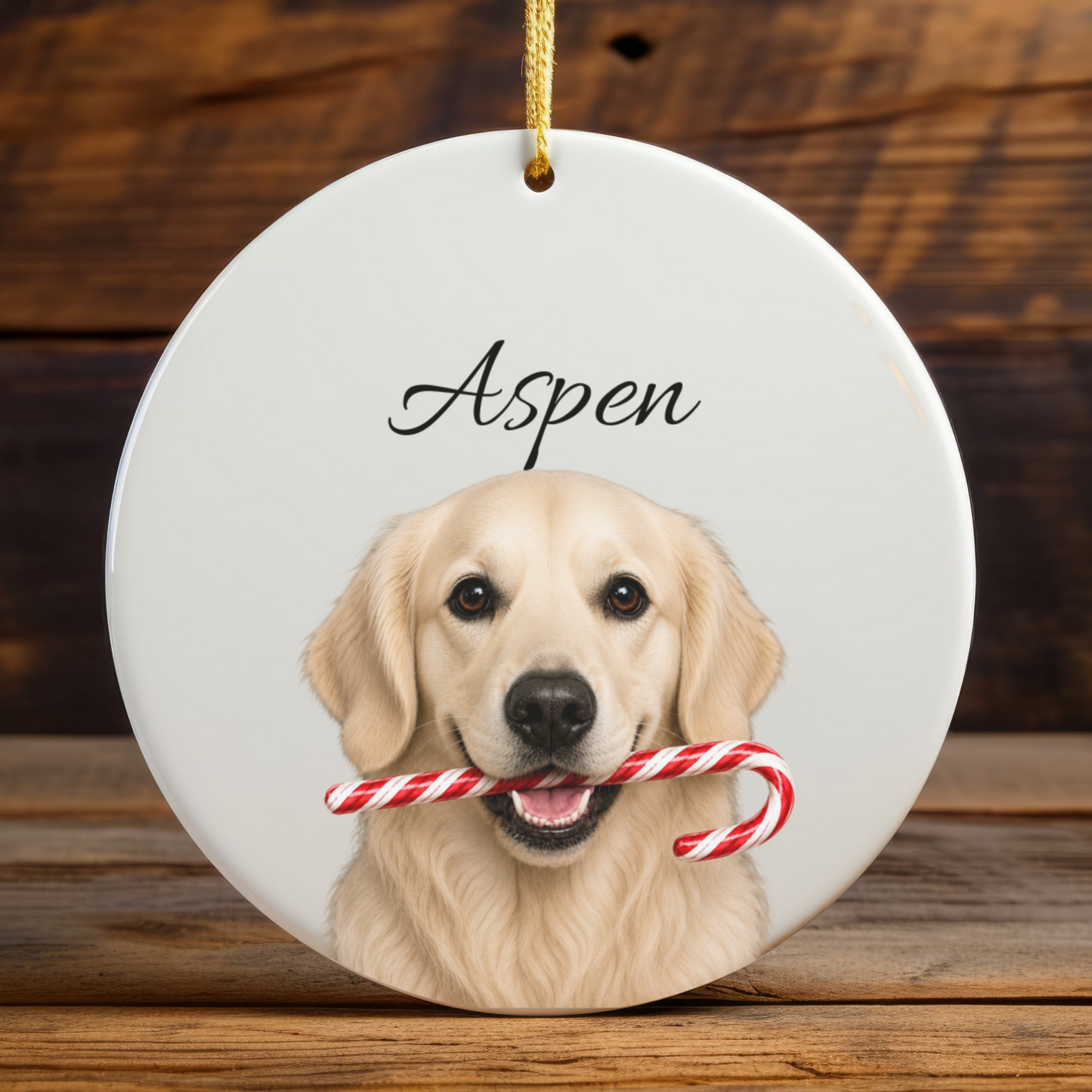 Personalized English Cream Golden Retriever Candy Cane Ornament