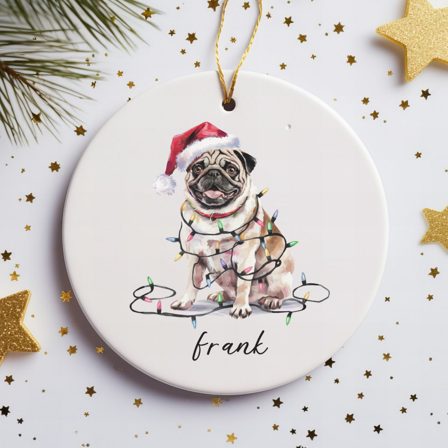Pug Christmas Ornament, Personalized Tan Pug Keepsake