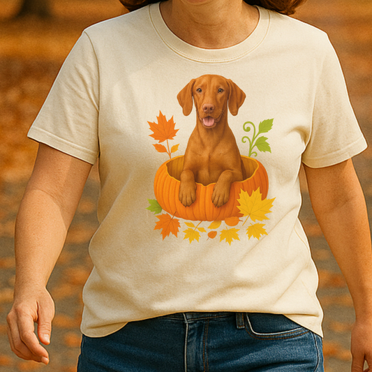 Vizsla Pumpkin Shirt, Cute Fall Dog Lover Tee with Vizsla and Autumn Leaves