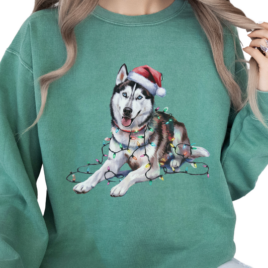 Siberian Husky Christmas Lights Sweatshirt, Festive Dog Lover Gift