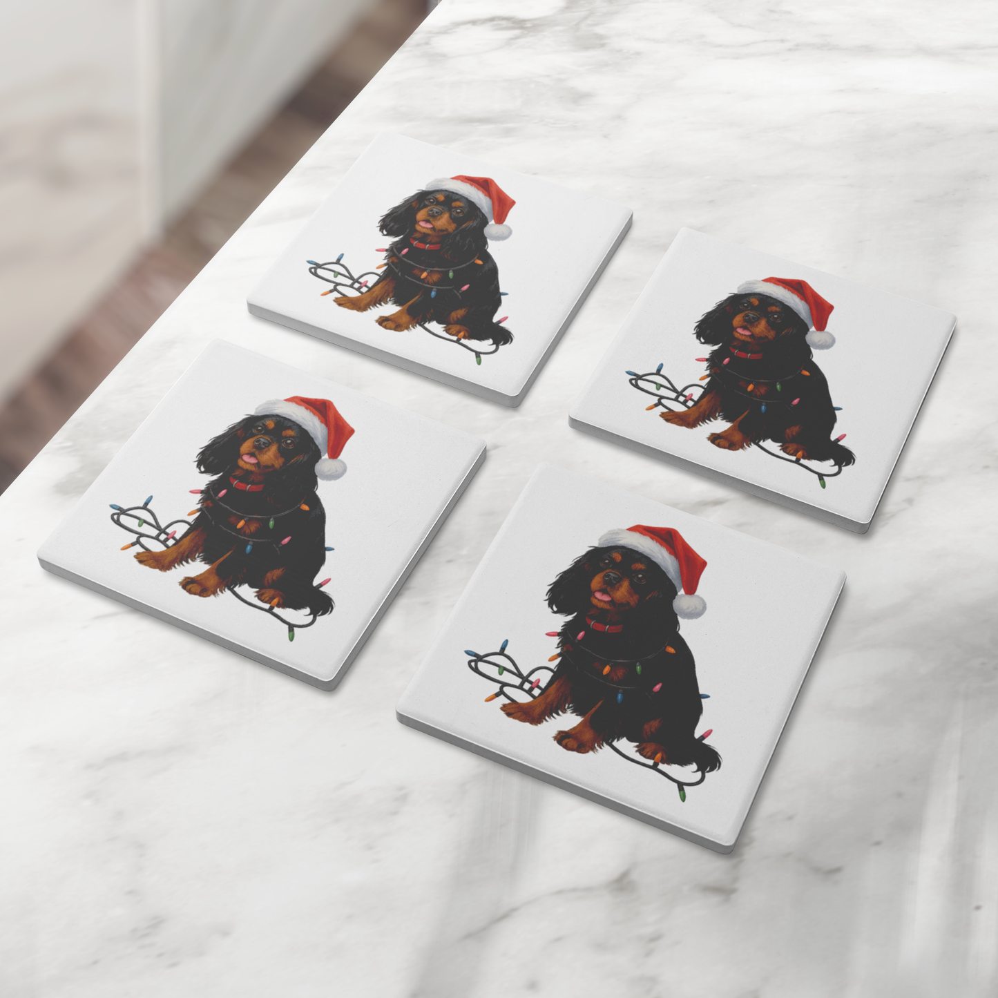 Personalized Black & Tan Cavalier King Charles Spaniel Christmas Coaster Set