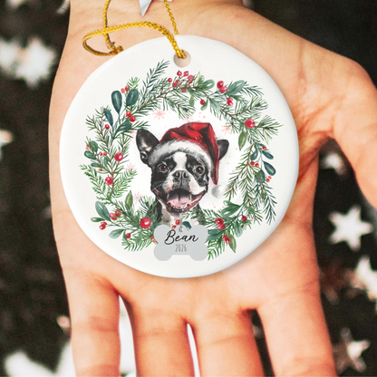 Personalized Boston Terrier Christmas Wreath Ornament