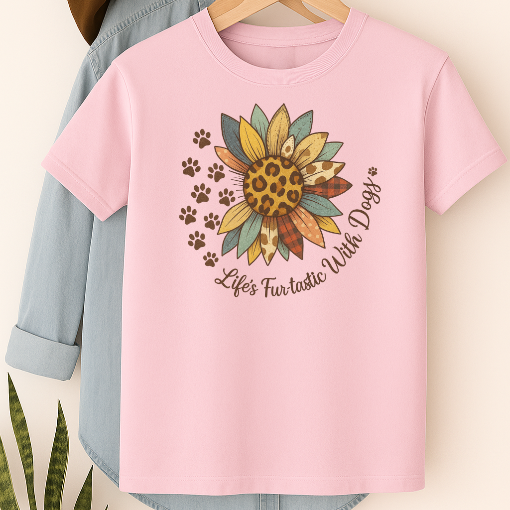 Life’s Furtastic With Dogs T-Shirt – Sunflower & Paw Print Tee for Dog Moms and Pet Lovers