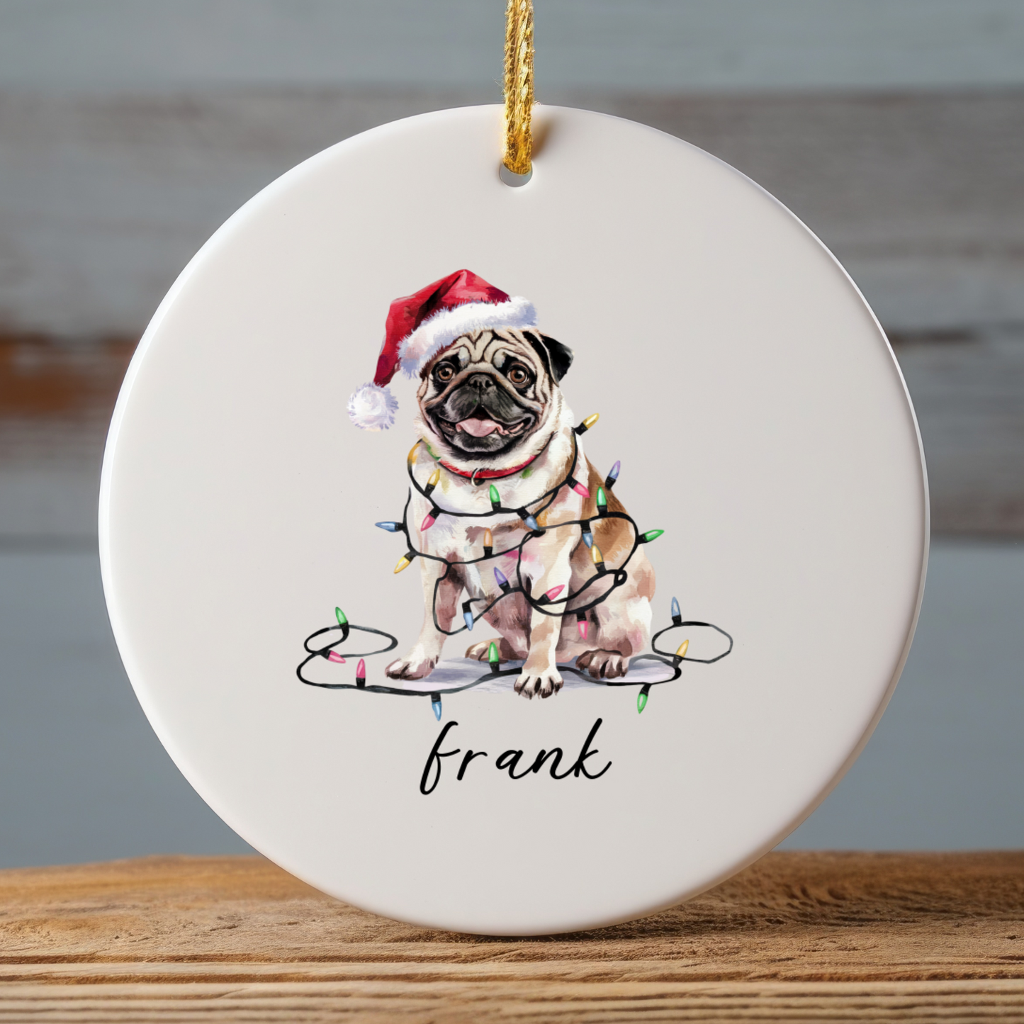 Pug Christmas Ornament, Personalized Tan Pug Keepsake