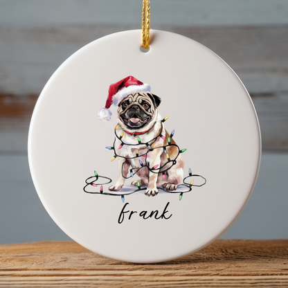 Pug Christmas Ornament, Personalized Tan Pug Keepsake
