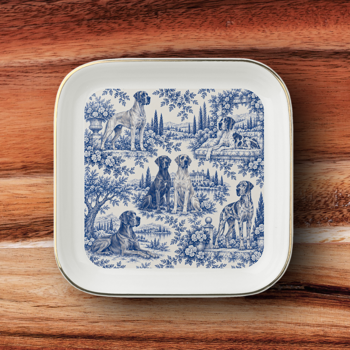Great Dane Jewelry Dish, Blue Toile Dog Ring Dish, Great Dane Mom Gift, Trinket Tray