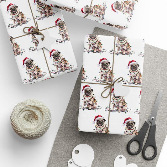 Tan Pug Christmas Lights Wrapping Paper
