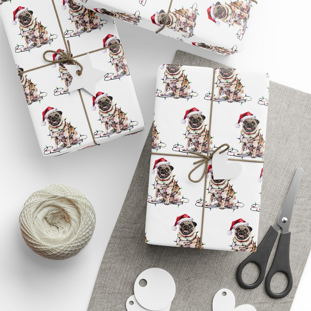 Tan Pug Christmas Lights Wrapping Paper
