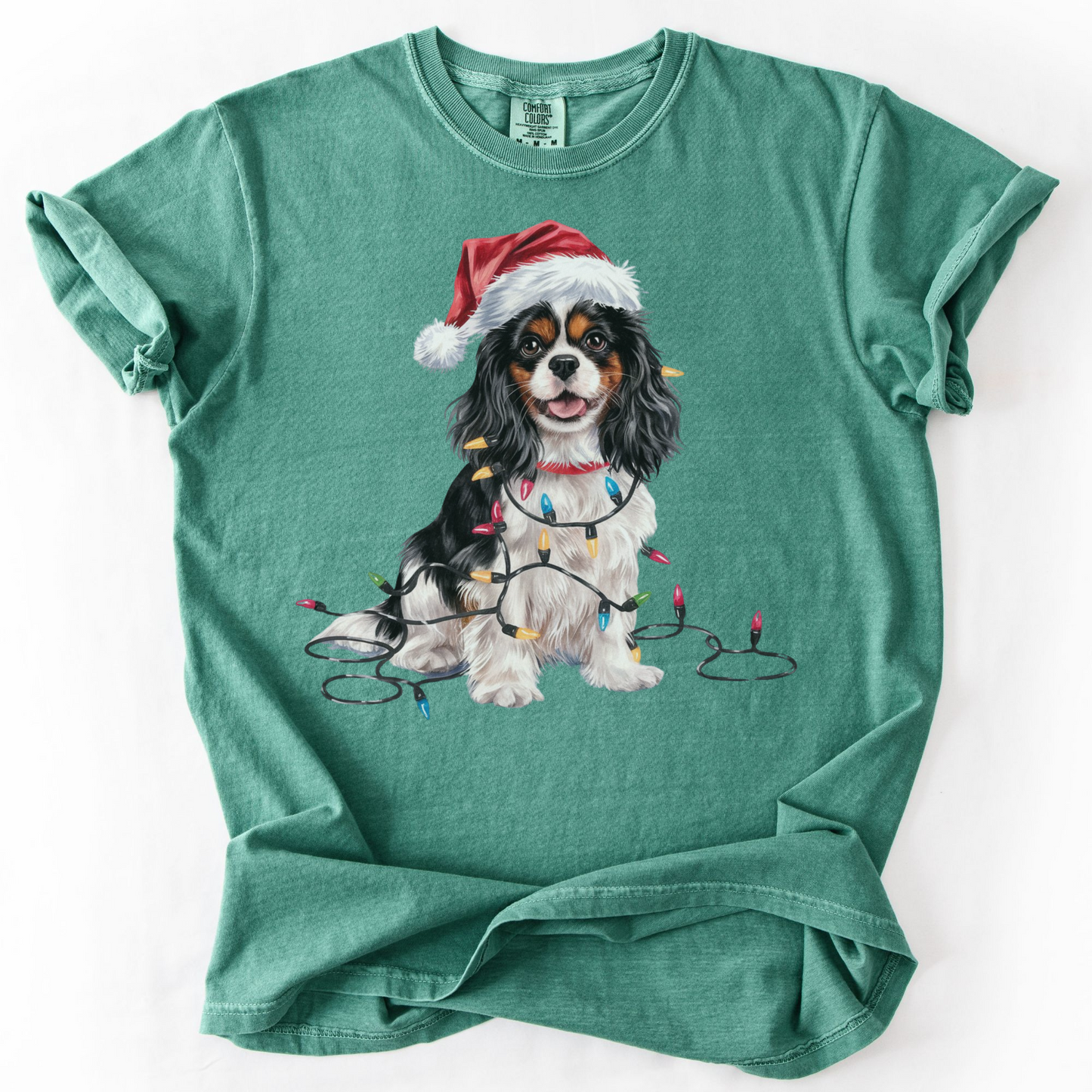 Tri-Color Cavalier King Charles Spaniel Christmas T-Shirt, Festive Dog Lover Holiday Gift, Santa Hat Dog Tee, Cute Cavalier Art