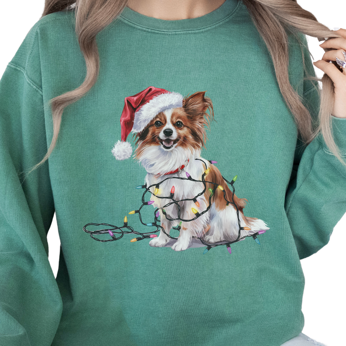 Papillon Christmas Lights Dog Sweatshirt, Festive Holiday Dog Lover Gift