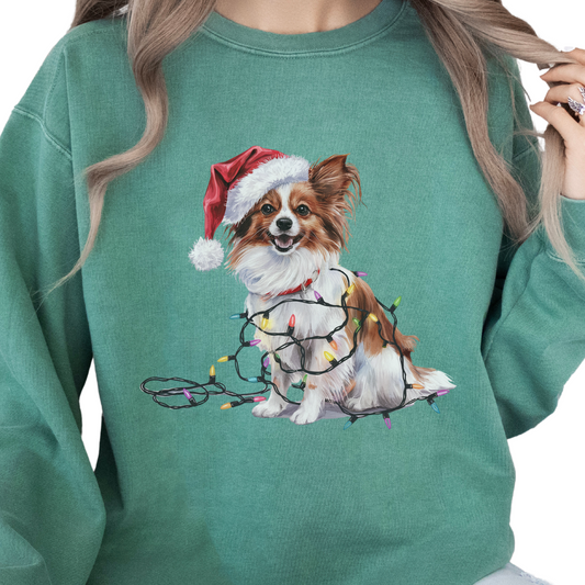 Papillon Christmas Lights Dog Sweatshirt, Festive Holiday Dog Lover Gift