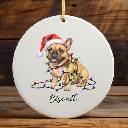 Personalized Fawn French Bulldog Ceramic Ornament, Dog Christmas Gift, Festive Lights Keepsake