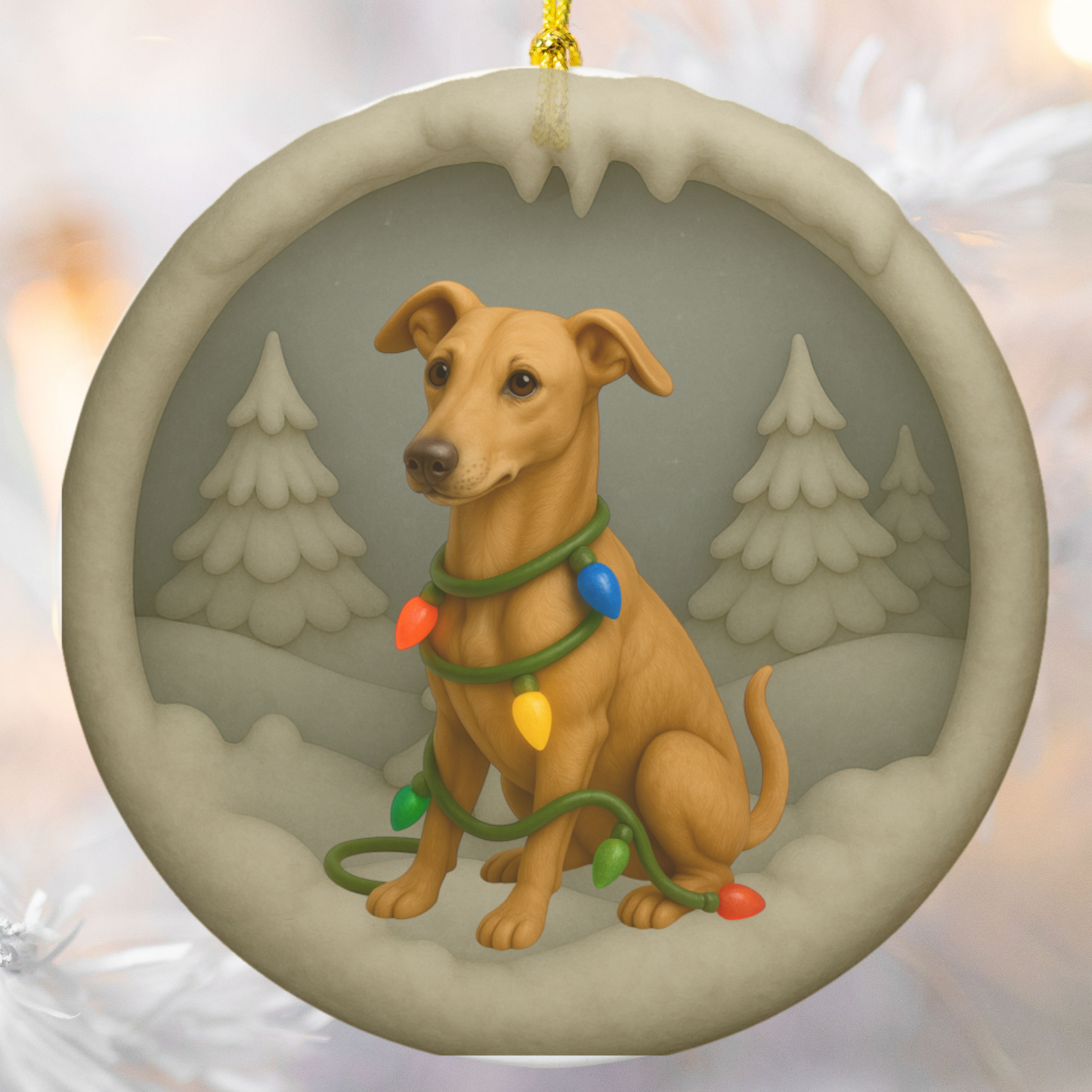 Personalized Greyhound Christmas Ornament, 3D Clay-Style Dog Keepsake with Lights