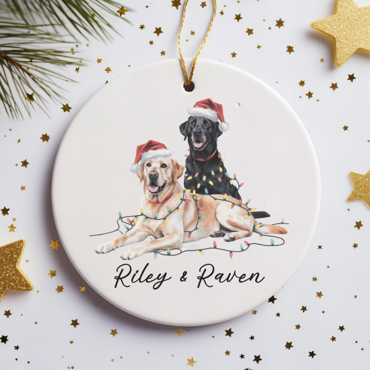 Personalized Yellow Black Lab Christmas Ornament, Festive Dog Lights, Ceramic Keepsake