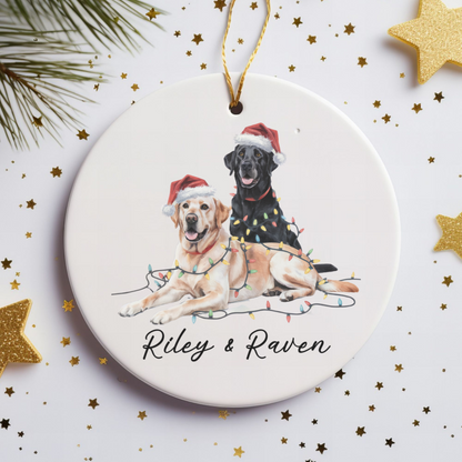 Personalized Yellow Black Lab Christmas Ornament, Festive Dog Lights, Ceramic Keepsake