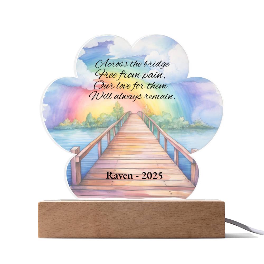 Personalized Pet Memorial Acrylic Light, Rainbow Bridge Paw Plaque with LED Base, Custom Dog Cat Loss Remembrance Gift