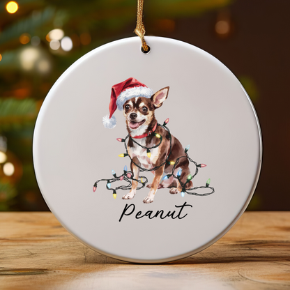 Personalized Black Chihuahua Christmas Ornament, Santa Hat Lights Ceramic Keepsake