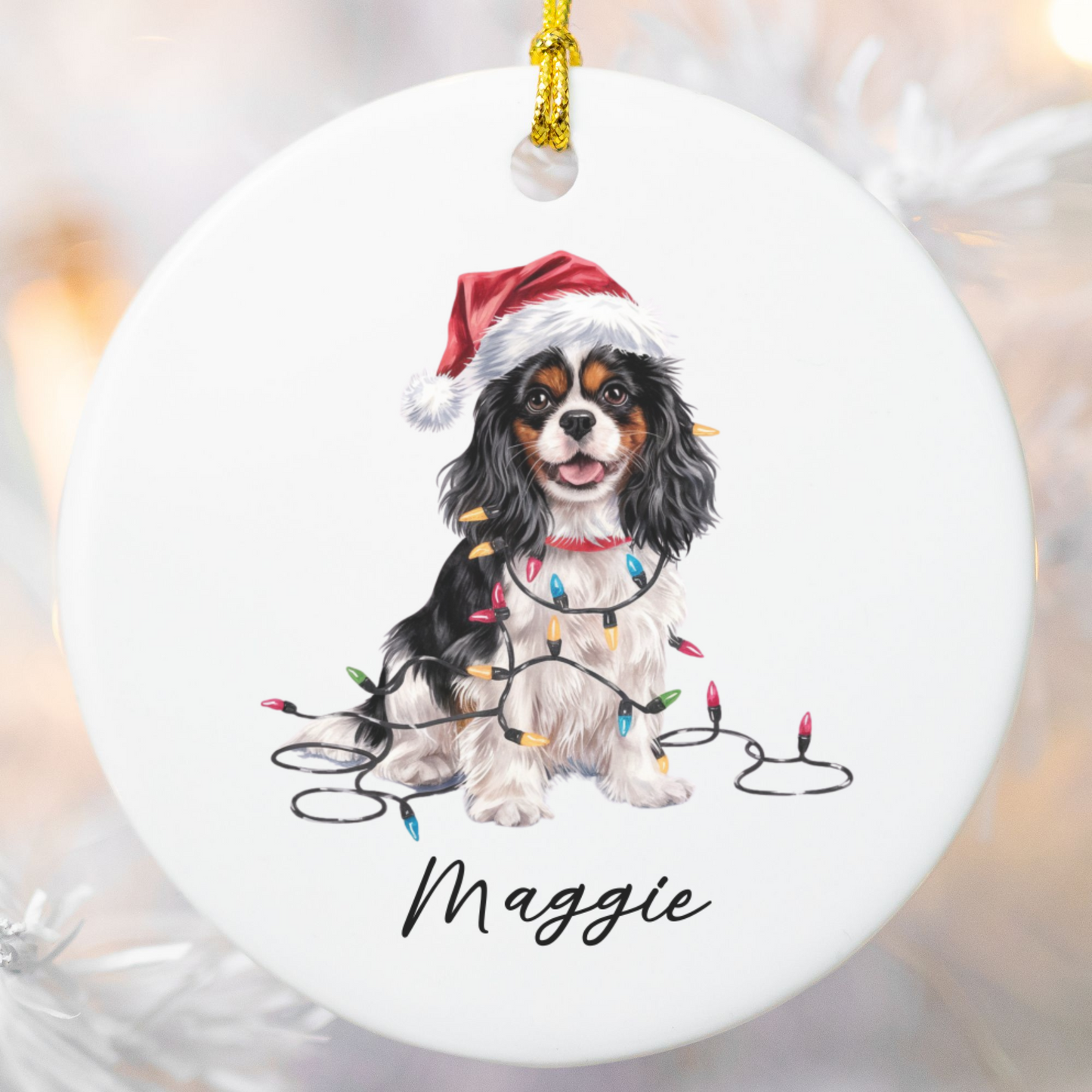 Personalized Tricolor Cavalier King Charles Spaniel Christmas Ornament, Ceramic Dog Lover Gift