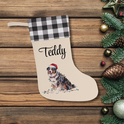 Personalized Christmas Australian Shepherd Stocking, Xmas Decor, Plaid Cuff Holiday Stocking
