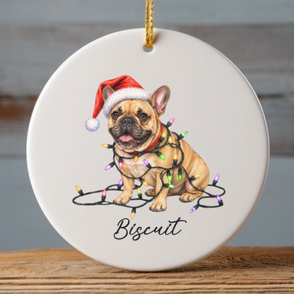 Personalized Fawn French Bulldog Ceramic Ornament, Dog Christmas Gift, Festive Lights Keepsake