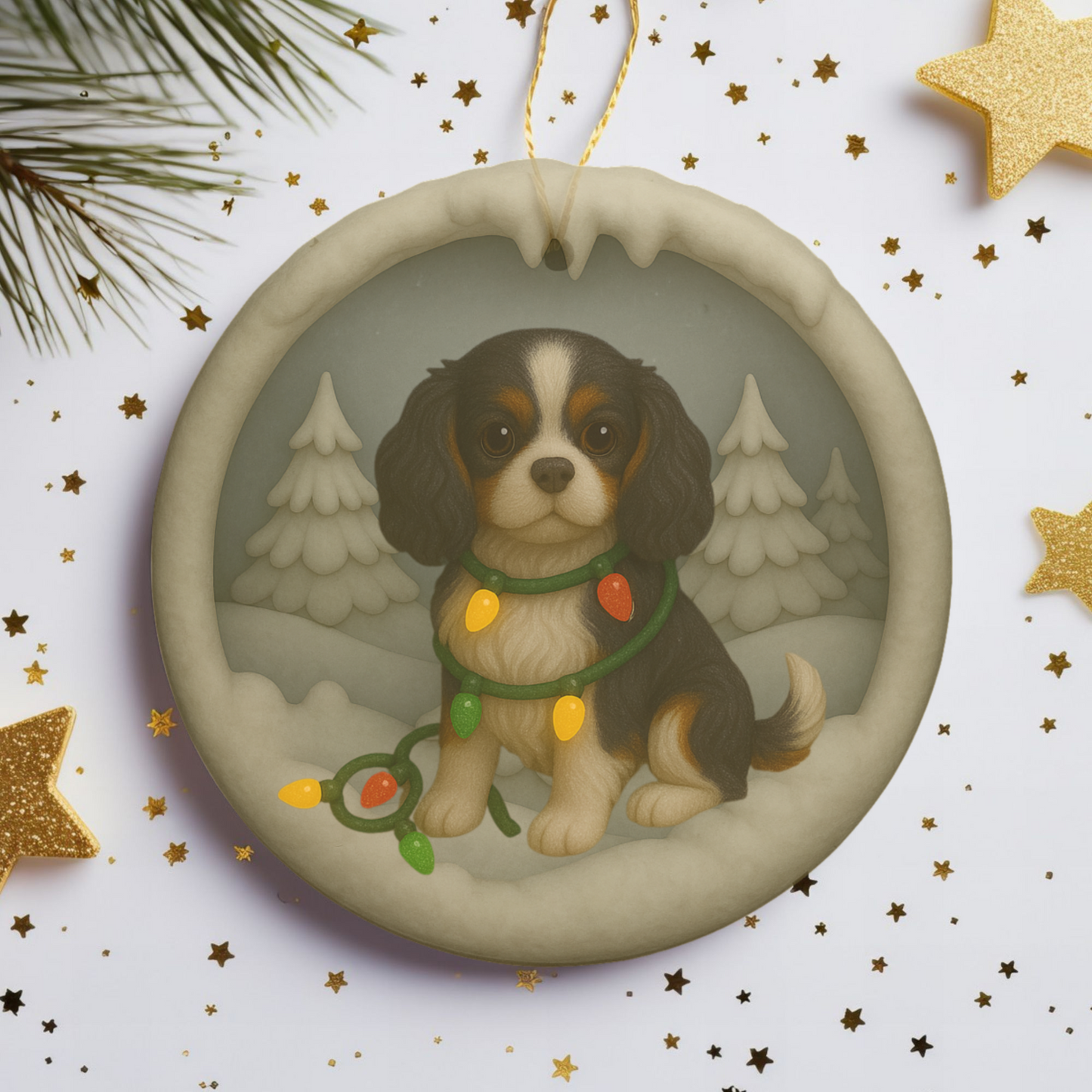 Personalized Tricolor Cavalier King Charles Spaniel Christmas 3D Clay-Style Ornament