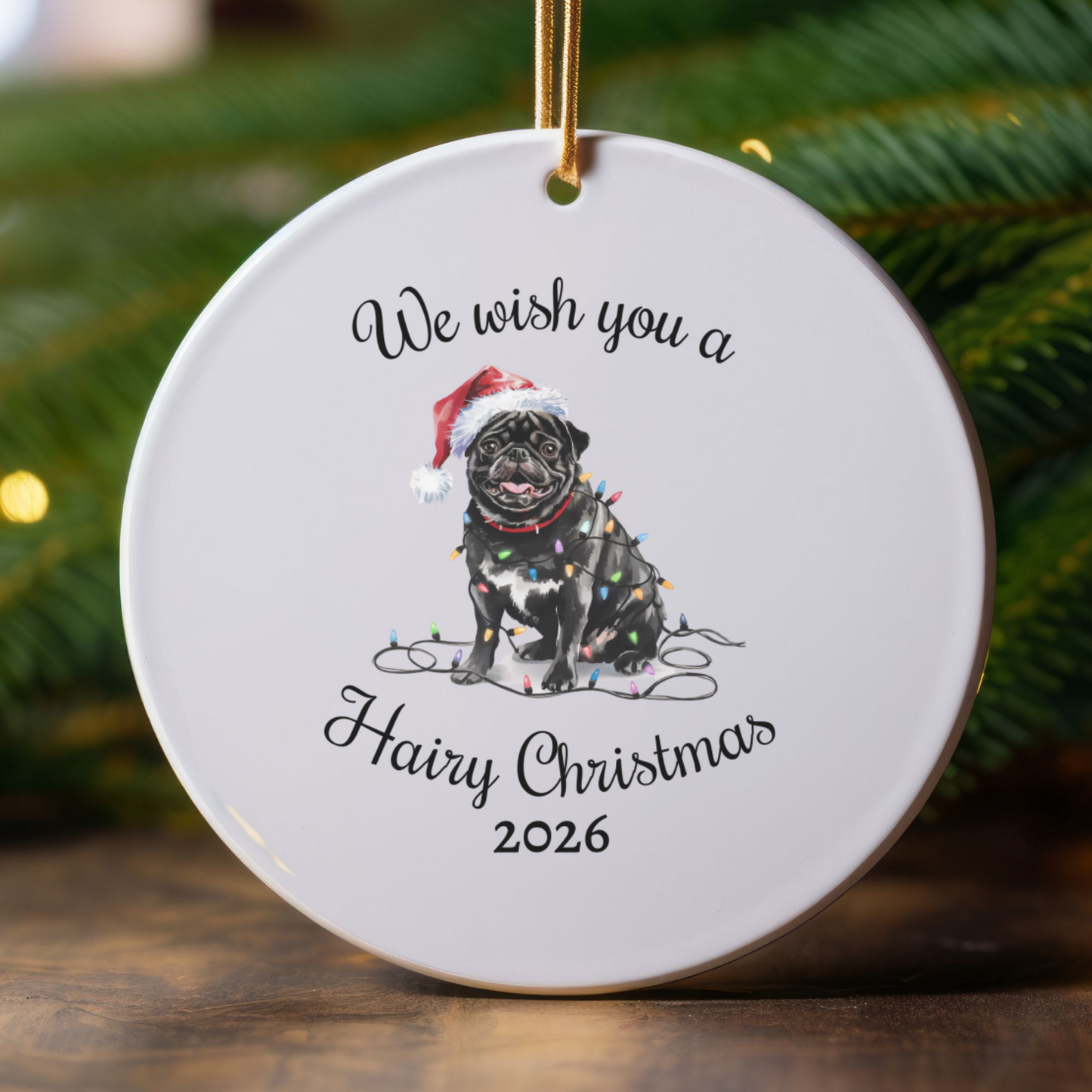 Christmas Black Pug Ornament, Pug Mom, Christmas Lights Dog Keepsake