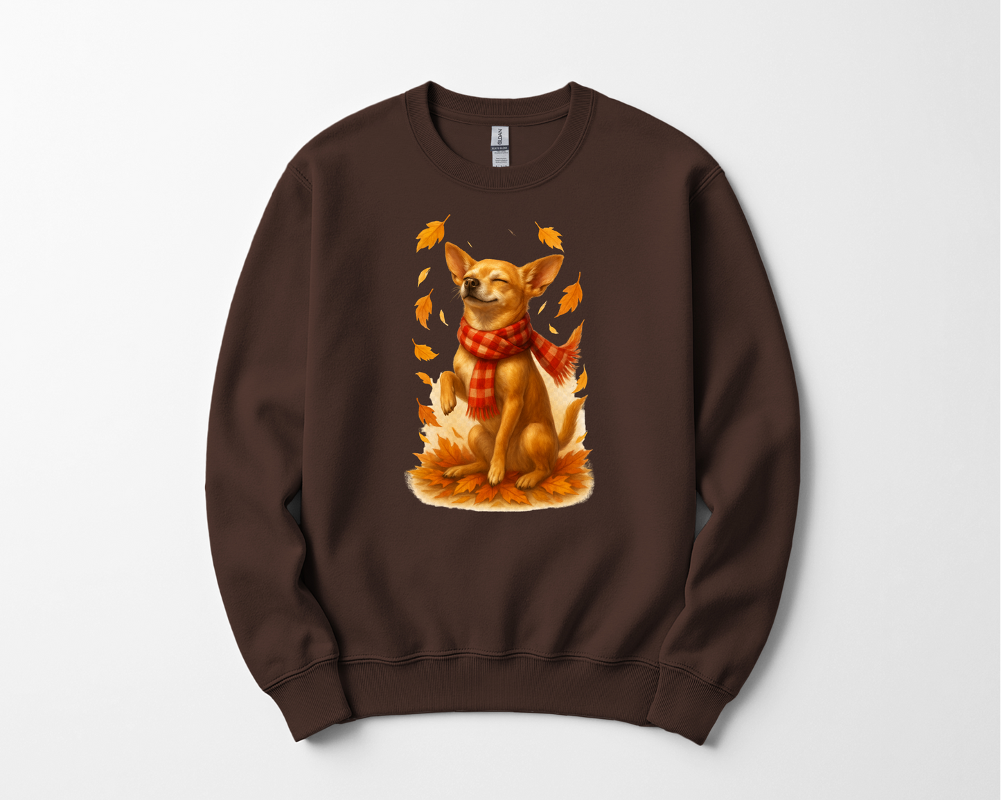 Chihuahua in Autumn Leaves T-shirt, Fall Dog Sweatshirt, Pet Lover Gift, Cozy Canine Apparel, Chihuahua in Scarf, Dog Mom Present