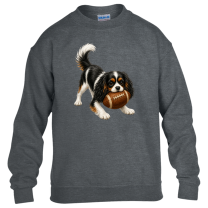Tricolor Cavalier King Charles Spaniel Football Youth Sweatshirt, Kids Dog Lover Football Crewneck