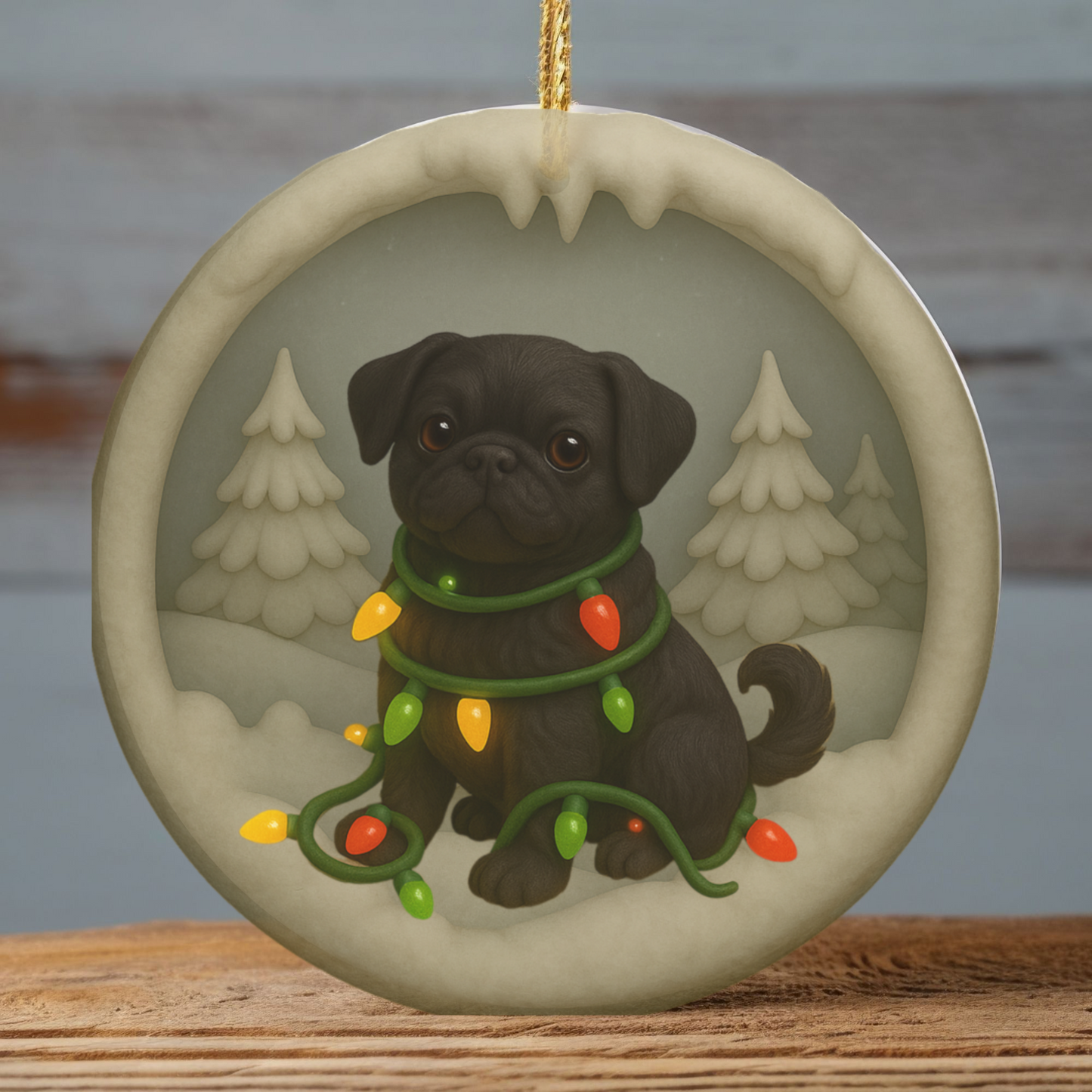 Personalized Black Pug Christmas Ornament, 3D Clay-Style Dog Keepsake with Lights