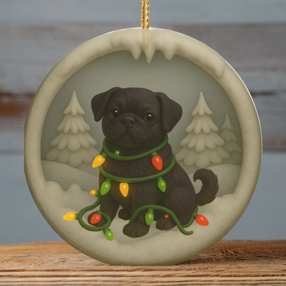 Personalized Black Pug Christmas Ornament, 3D Clay-Style Dog Keepsake with Lights
