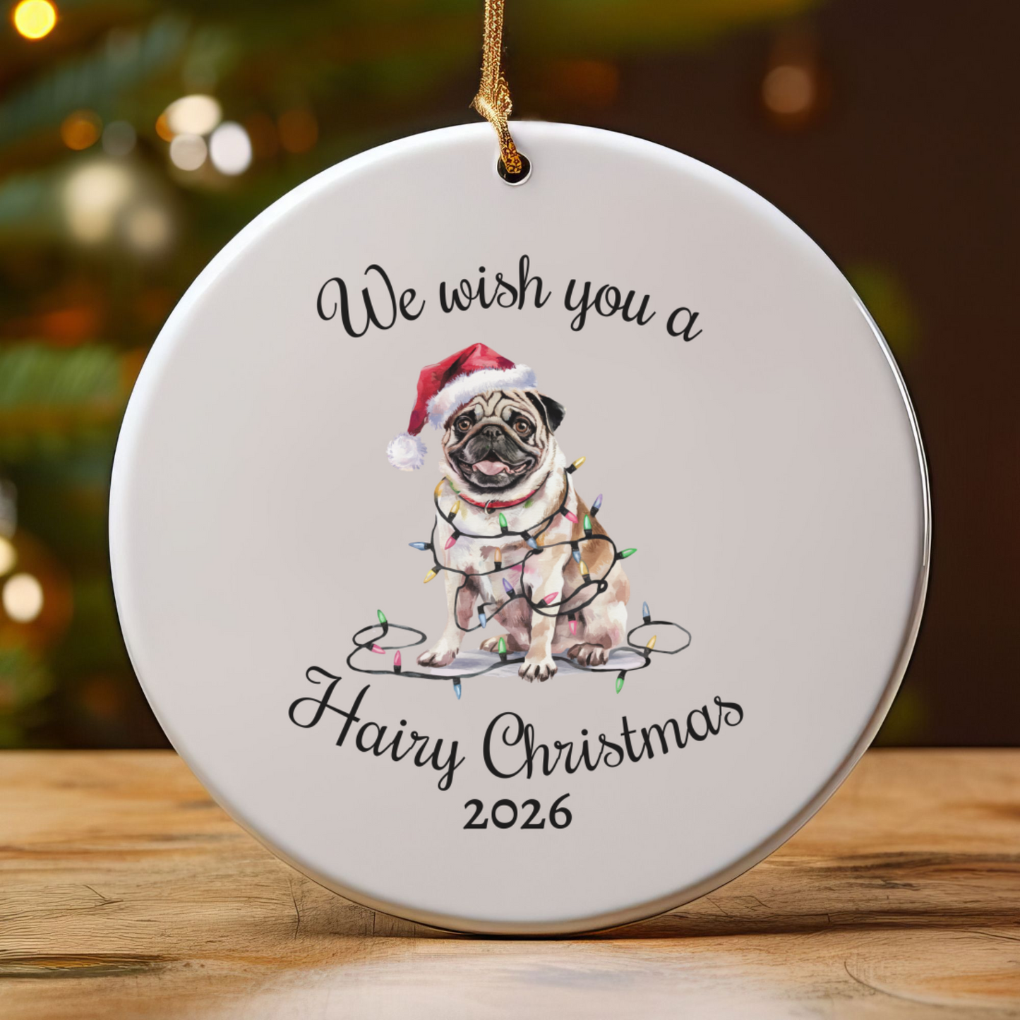 Christmas Tan Pug Ornament, Pug Mom, Christmas Lights Dog Keepsake
