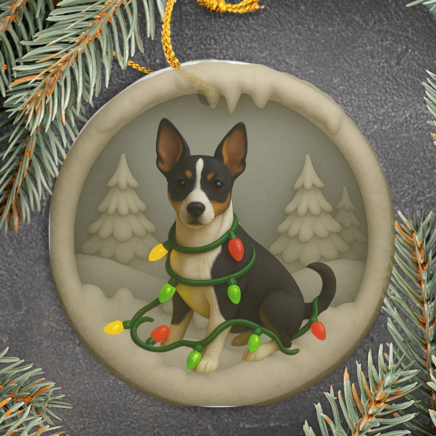 Personalized Rat Terrier Christmas Ornament, 3D Clay-Style Dog Keepsake with Lights